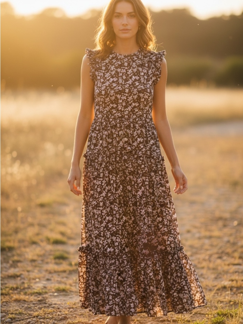 Caroline Constas Tuckernuck Brown Floral Ruffle Maxi Tiered Smocked Dress Medium